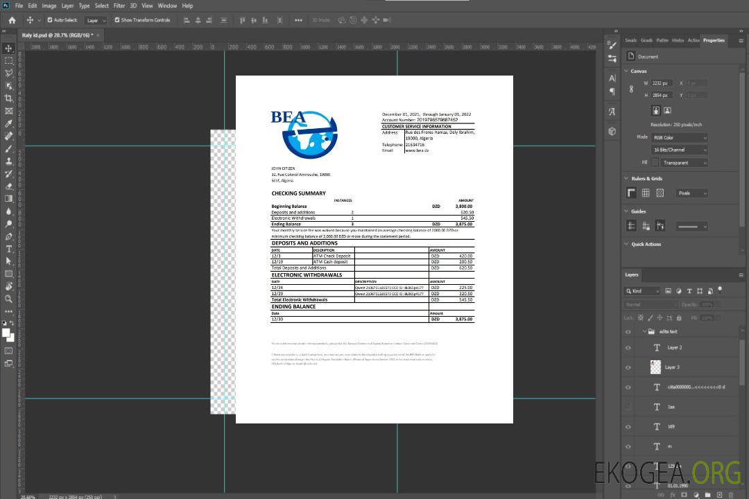 Modèle de relevé bancaire de la Banque extérieure d’Algérie en Algérie au format Excel et PDF template